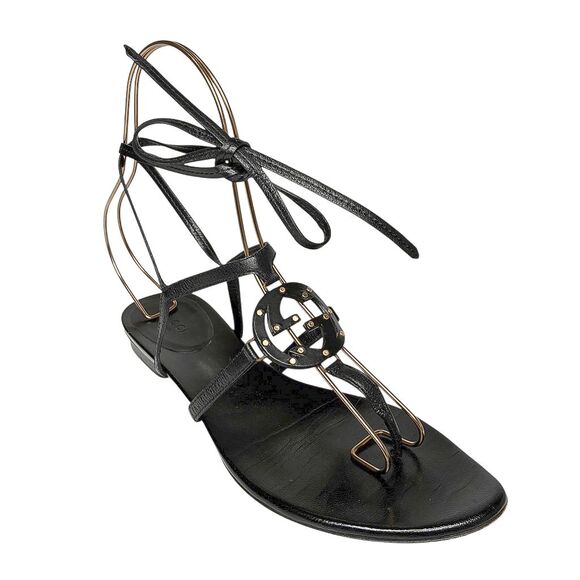 Gucci Interlocking G Black Leather Strappy Ankle Wrap Logo Thong Sandals Size 8B - Picture 1 of 11